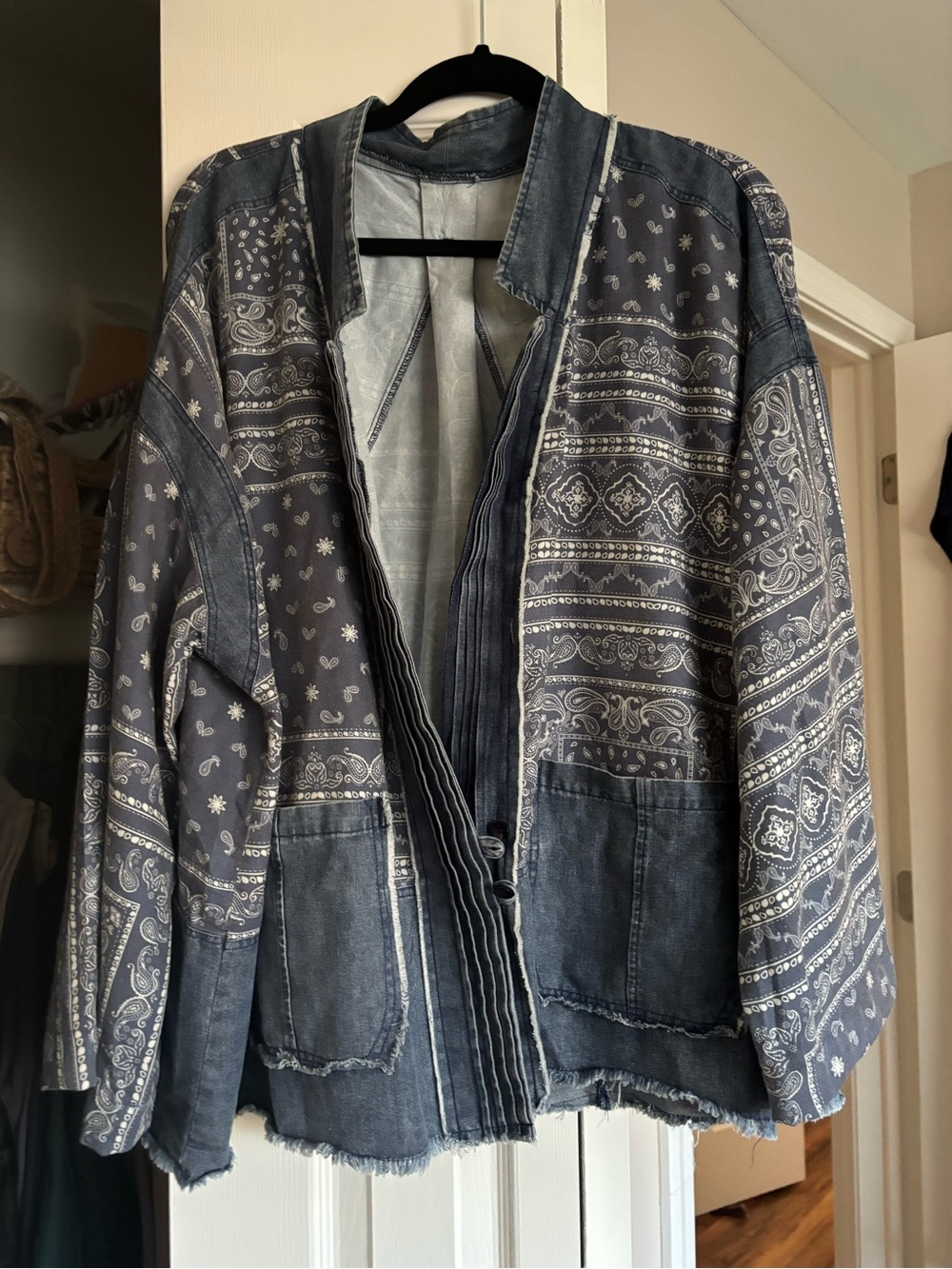 Blue Bandana Print Denim Kimono Jacket